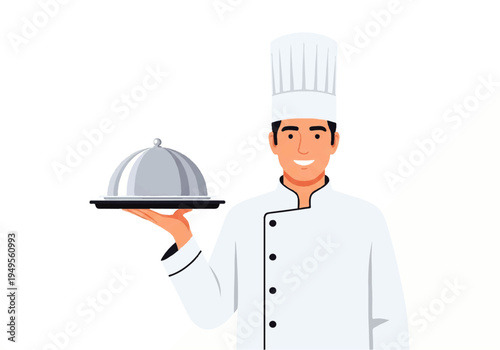 Smiling chef holding silver serving dish 2.