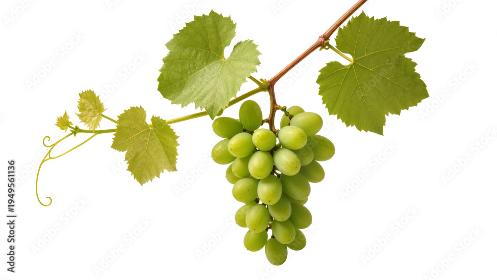 Obraz premium Fresh green grapes on a vine with vibrant leaves and a delicate tendril, isolated on transparent background, healthy fruit PNG