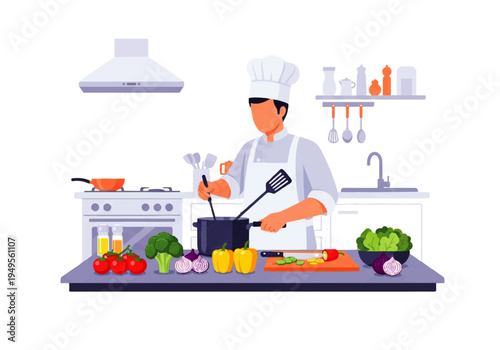 Chef cooking in kitchen with ingredients.