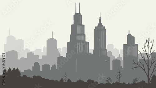 Monochromatic Urban Skyline Silhouette Against Pale Hazy Background Suggesting Foggy Weather Or Overcast Day seoul skyline vector