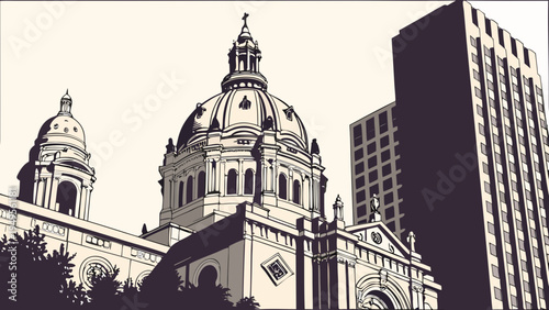 Historic Cathedral Architecture Contrasting Modern High Rise Urban Cityscape Under Clear Daylight seoul skyline vector