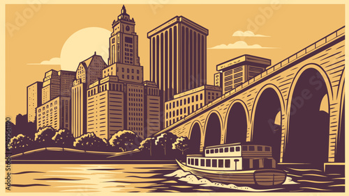 Vintage Style Cityscape Skyline View with Arched Bridge and Riverboat Travel During Sunset Hour seoul skyline vector