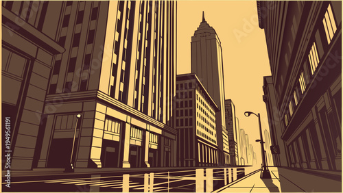 Urban Street Scene Perspective Looking Up at Tall Commercial Buildings in Sepia Tone Style seoul skyline vector