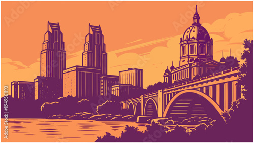 Urban Skyline View Featuring Tall Towers and Classical Domed Structure Above Water Crossing During Sunset Colors seoul skyline vector