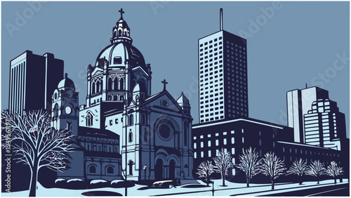 Urban Cityscape Featuring Historic Cathedral and Modern High Rise Buildings Against Monochromatic Background seoul skyline vector