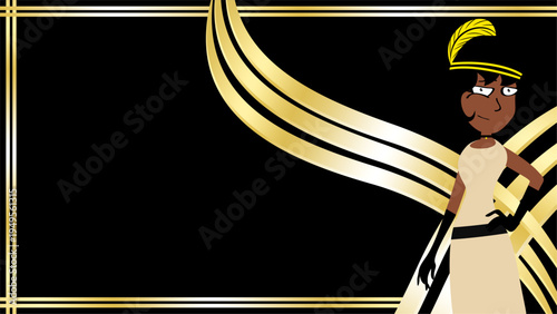 luxury golden background with girl retro character cartoon in vector art