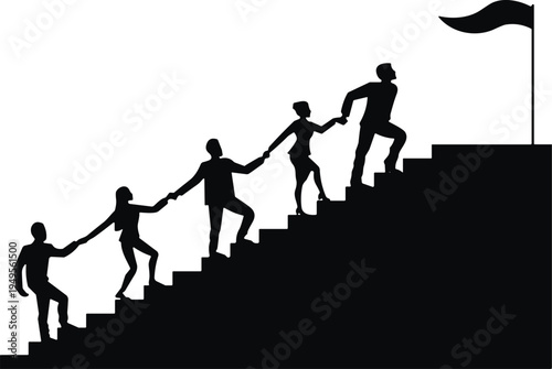 Black silhouette of professional business team holding hands while climbing stairs toward success flag representing teamwork leadership and career achievement goal