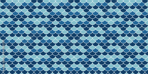 Serene oceaninspired seamless pattern featuring overlapping scales in varying shades of blue.  Ideal for textile designs, wallpapers, and website backgrounds, evoking calmness and aquatic themes.