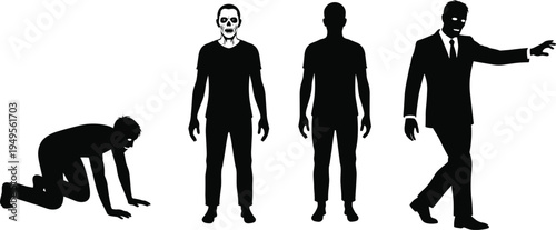 Black silhouettes of creepy zombies and walking dead monsters in various scary poses including crawling and standing isolated on white background