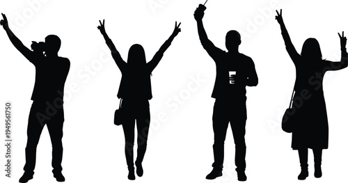 Black silhouettes of happy people celebrating at a concert with raised hands showing victory signs and holding drinks isolated on white background