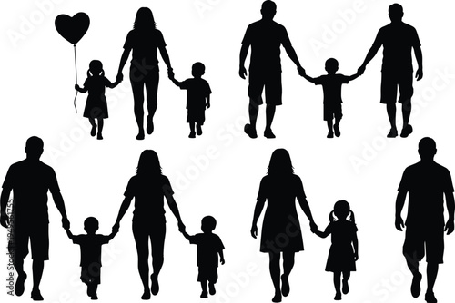 Black silhouettes of happy families walking and holding hands including parents with children and a girl with heart balloon isolated on white