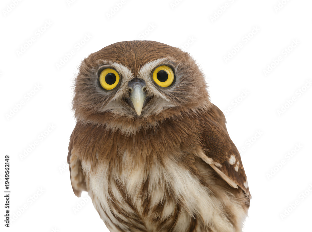 Obraz premium Charming small brown and white owl with striking yellow eyes, looking directly forward, isolated PNG on transparent background, a captivating bird