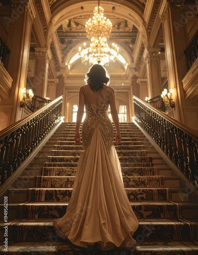 Elegant Woman Ascending Grand Staircase in Luxurious Hall.