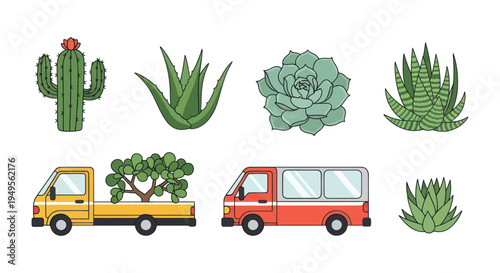 Illustrated plant collection with delivery trucks