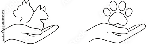 Hands cradling a dog s head and a paw in a simple line drawing