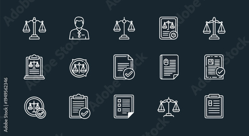 Legal icons scales documents and symbols