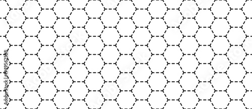Seamless geometric pattern featuring minimalist black dashed lines in a hexagonal honeycomb grid