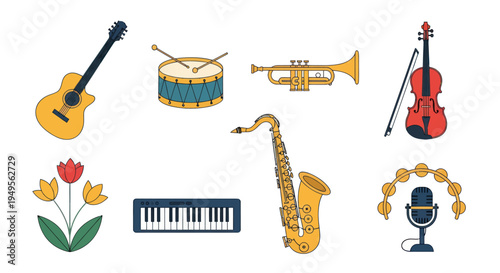 Musical instruments and floral elements vector