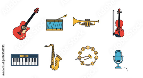 Musical instruments collection on white
