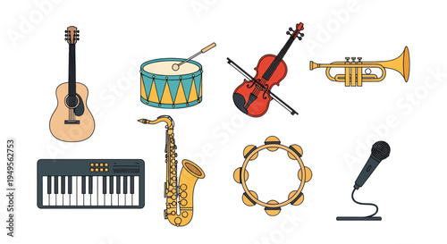 Musical instruments collection on white
