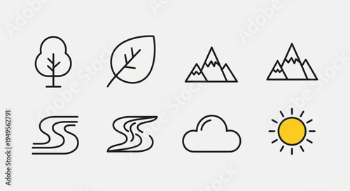 Nature icons tree leaf mountain cloud sun