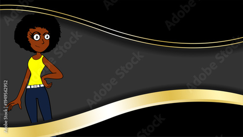 luxury golden background with girl retro character cartoon in vector art