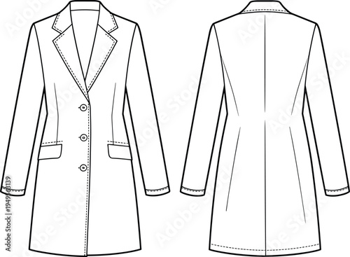 Women long coat technical fashion flat sketch with lapel collar, button closure and pockets, front and back view template