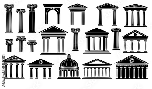 Classical architectural elements silhouettes vector columns arches domes set
