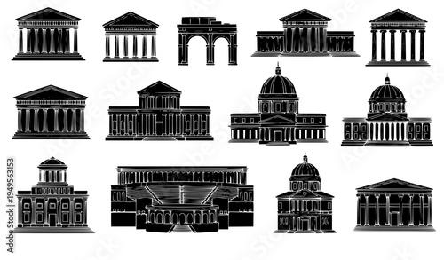 Classical architecture building silhouettes vector ancient historic structures set