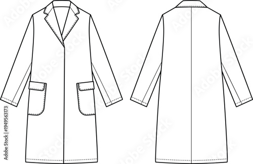 Women long overcoat technical fashion flat sketch with lapel collar and patch pockets, front and back view apparel template