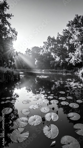 Serene Morning Light on a Lily Pond in Black and White.