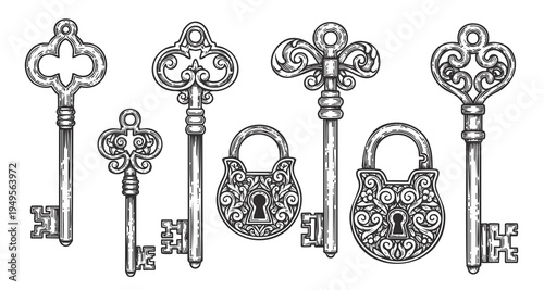 Unique antique keys and ornate padlocks line art collection, vintage security design elements for elegant invitations and creative design projects