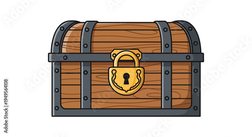 Illustration of an old wooden treasure chest with a golden lock and metal bands.