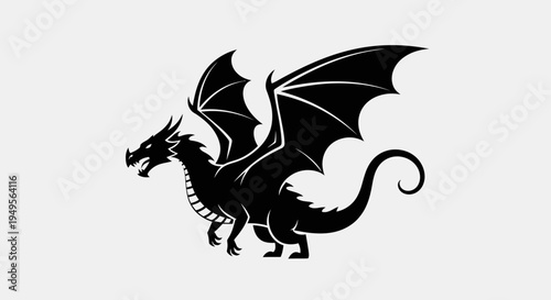 A black dragon illustration stands with wings spread on a white background.