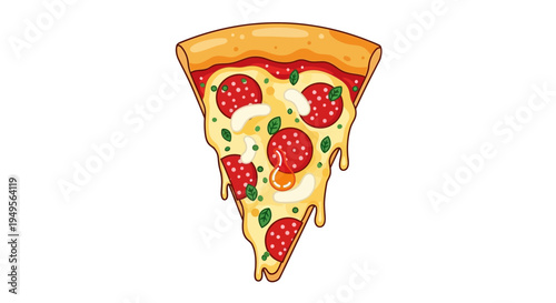 Delicious slice of pepperoni pizza with melted cheese and fresh basil leaves on a white background.