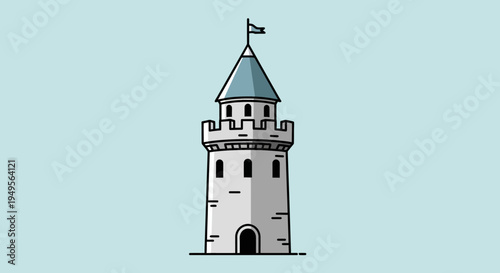 A medieval castle tower stands alone in a serene landscape with a flag on top.