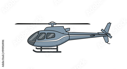 A gray helicopter flies through the sky with its rotor blades spinning.