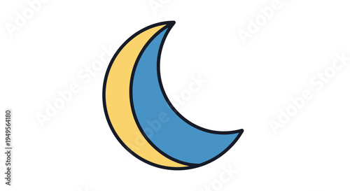 A crescent moon glows with blue and yellow light in the night sky.