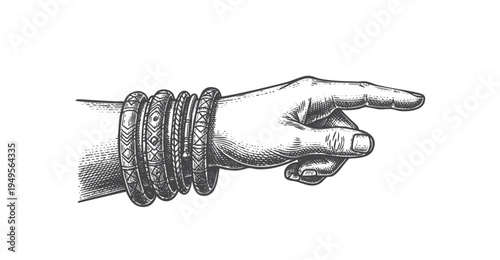 Detailed vintage engraving pointer hand. Symbols. Quaint graphic.