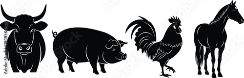 Farm animal silhouettes set with cow, pig, rooster and horse, livestock agriculture illustration, rural farming animals collection isolated on white background