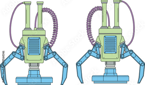 Futuristic sci-fi robotic mechanical claw industrial machinery with hydraulic pistons and electric cables isolated on white background for manufacturing technology and engineering concept design