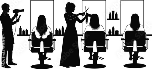 Hair salon stylist working with client silhouette illustration set, hairstylist cutting and drying hair in beauty salon, professional hairdresser service and beauty care concept