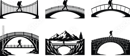 Hiker crossing different bridge silhouettes collection with mountains and nature landscape, backpacker walking on arch bridges, outdoor adventure travel and hiking concept illustration