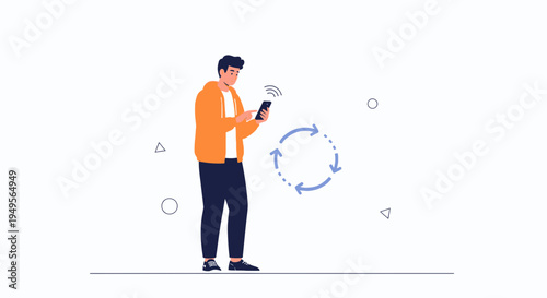 Man using smartphone with wireless signal and sync arrows, digital connection concept
