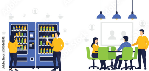 Office employees using vending machines and business team meeting in modern workplace, flat vector illustration showing workplace break time, collaboration and office refreshment concept