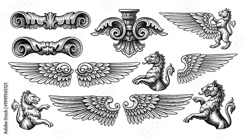 Collection of ornate  baroque and rococo architectural molding elements featuring intricate wings, lion, etc and decorative flourishes perfect for classical design projects.