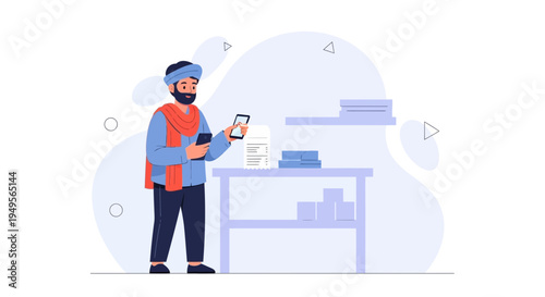 Man in traditional clothing using smartphone for business and technology