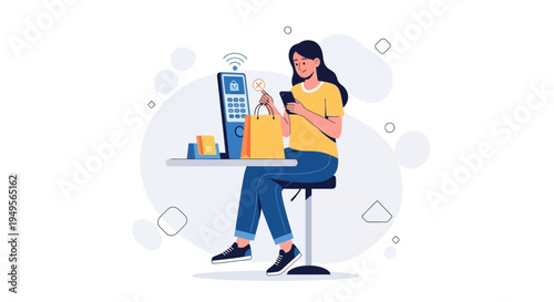 Woman Paying Contactless with Smartphone at POS Terminal with Shopping Bag