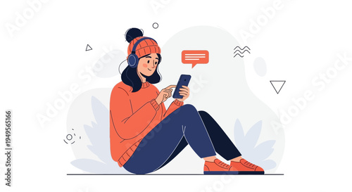 Young Woman Listening to Music and Texting on Mobile Phone