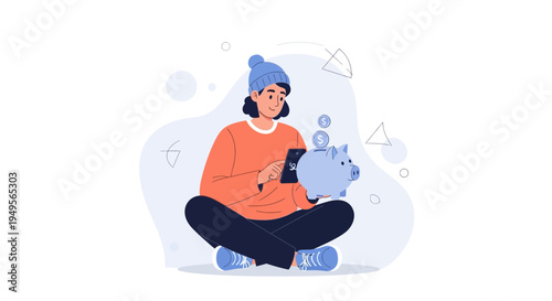 Young person saving money in piggy bank using tablet, financial planning concept